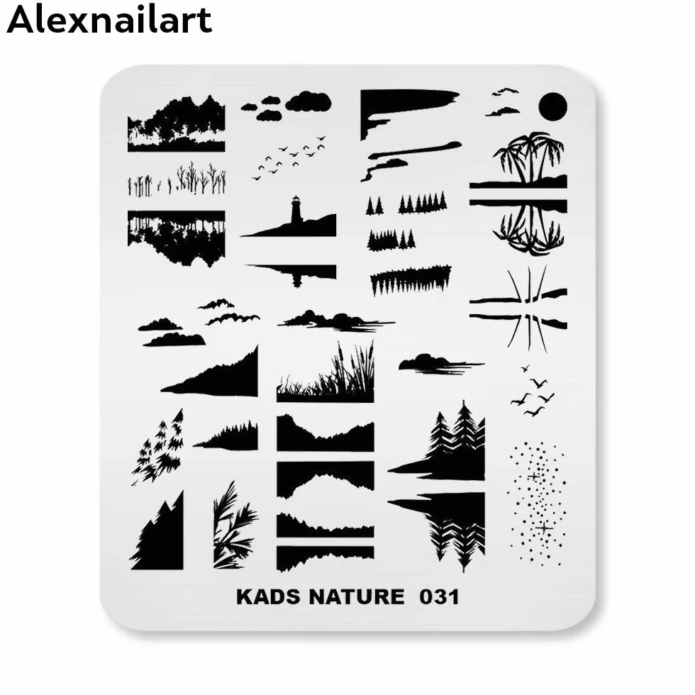 Tłoczenie paznokci talerz obraz szablon natura sceneria zachód słońca gwiaździste niebo drzewo kokosowe jezioro odbicie wzory stempel zdobienie paznokci dekoracja DIY manicure design narzędzie do drukowania