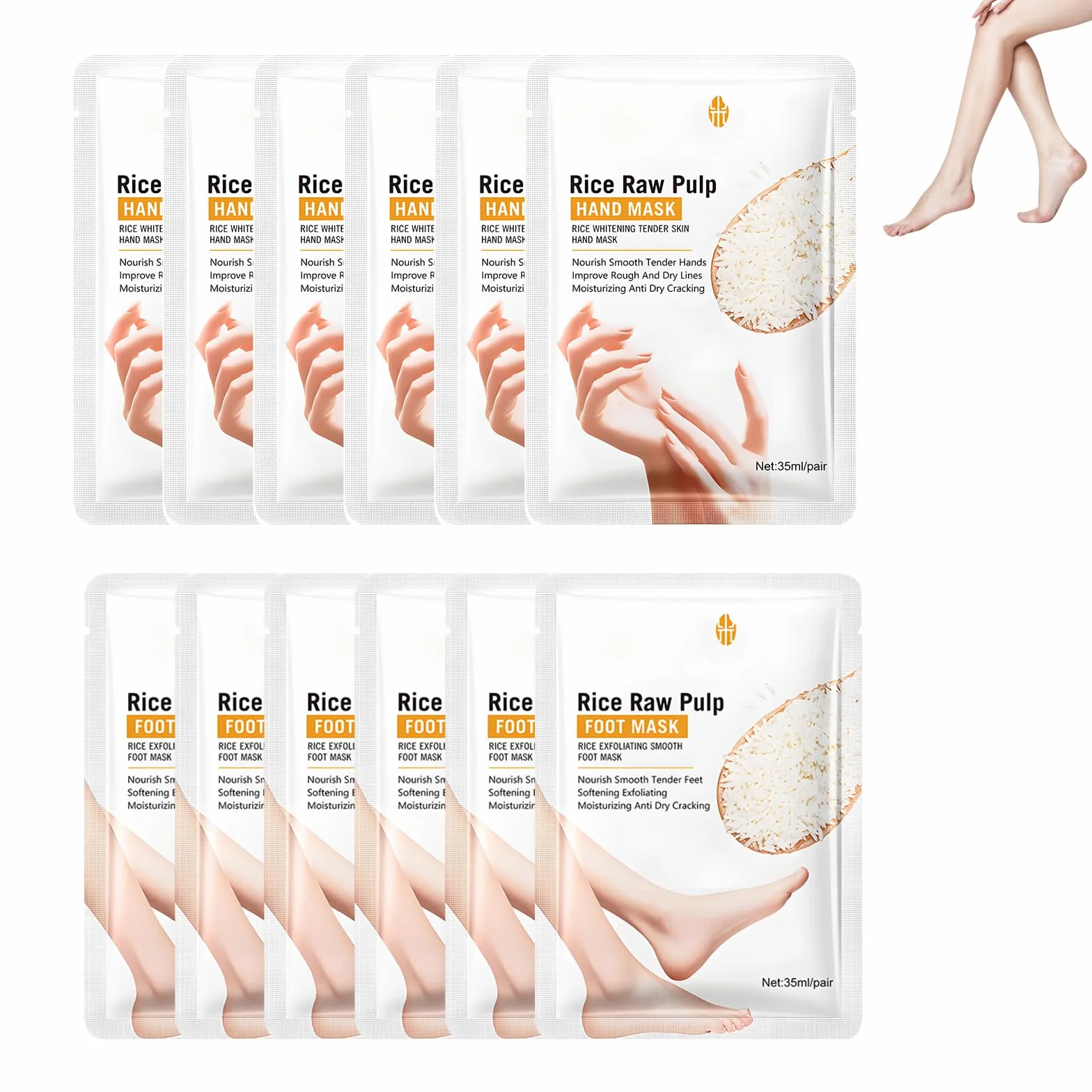Rice Exfoliating Smooth Foot Mask zestaw masek do rąk, z naturalnym ekstraktem z ryżu, zapewnia głębokie nawilżenie, pielęgnuje suchą i popękaną skórę, 6 par masek na stopy i 6 par masek do rąk