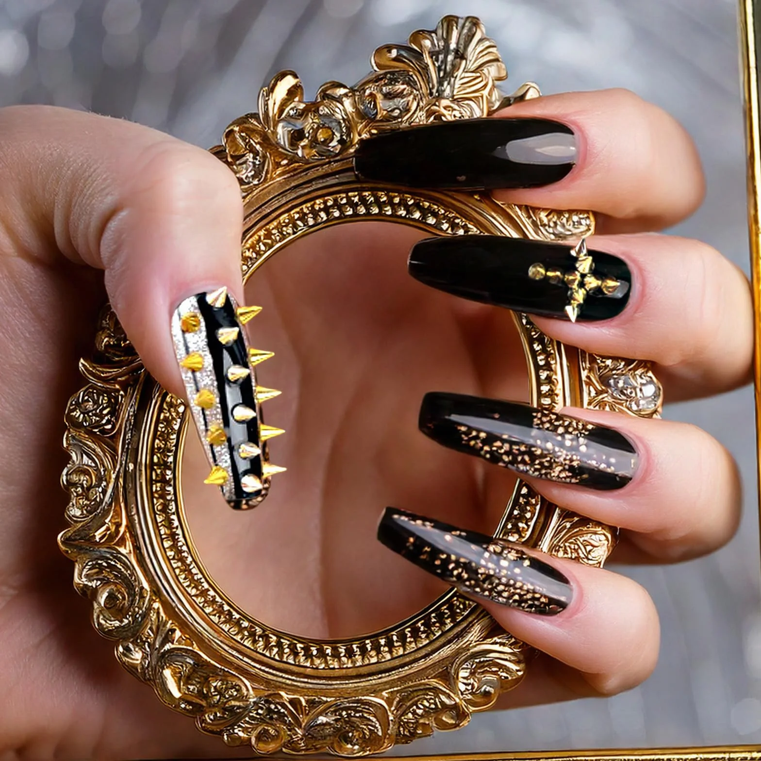 Tucnoeu 2 pudełka nity zawieszki do paznokci - Nail Charms złote srebrne czarne punkowe ozdoby do paznokci błyszczące kamienie akcesoria
