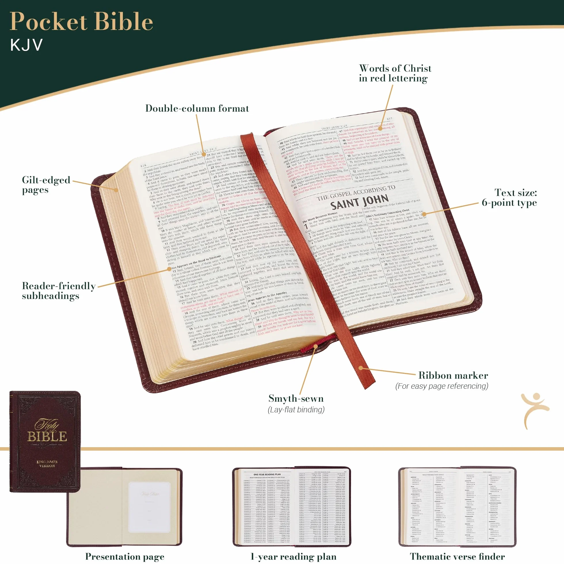 KJV Holy Bible, Mini Pocket Size, Faux Leather Red Letter Edition - Ribbon Marker, King James Version, Burgundy