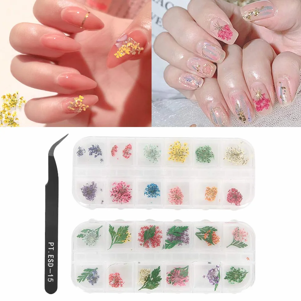Suszony Kwiat do Paznokci Trójwymiarowe Żetony Dekoracja Manicure Zestaw DIY Pęsety