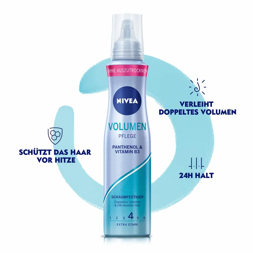 NIVEA Pianka do włosów z ochroną przed wysoką temperaturą, pantenol i witamina B3, utrwalająca objętość włosów dla widocznej większej objętości (poziom utrzymania 4), mus do stylizacji (150 ml)