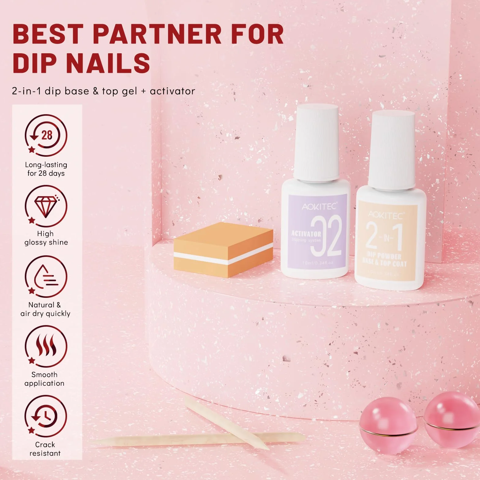 Aokitec 3 kolory Dipping Powder Nail Set zestaw, 11-częściowy zestaw do dip pudru z bazą 2 w 1 i aktywatorem akryłowym, Nail Art dla kobiet