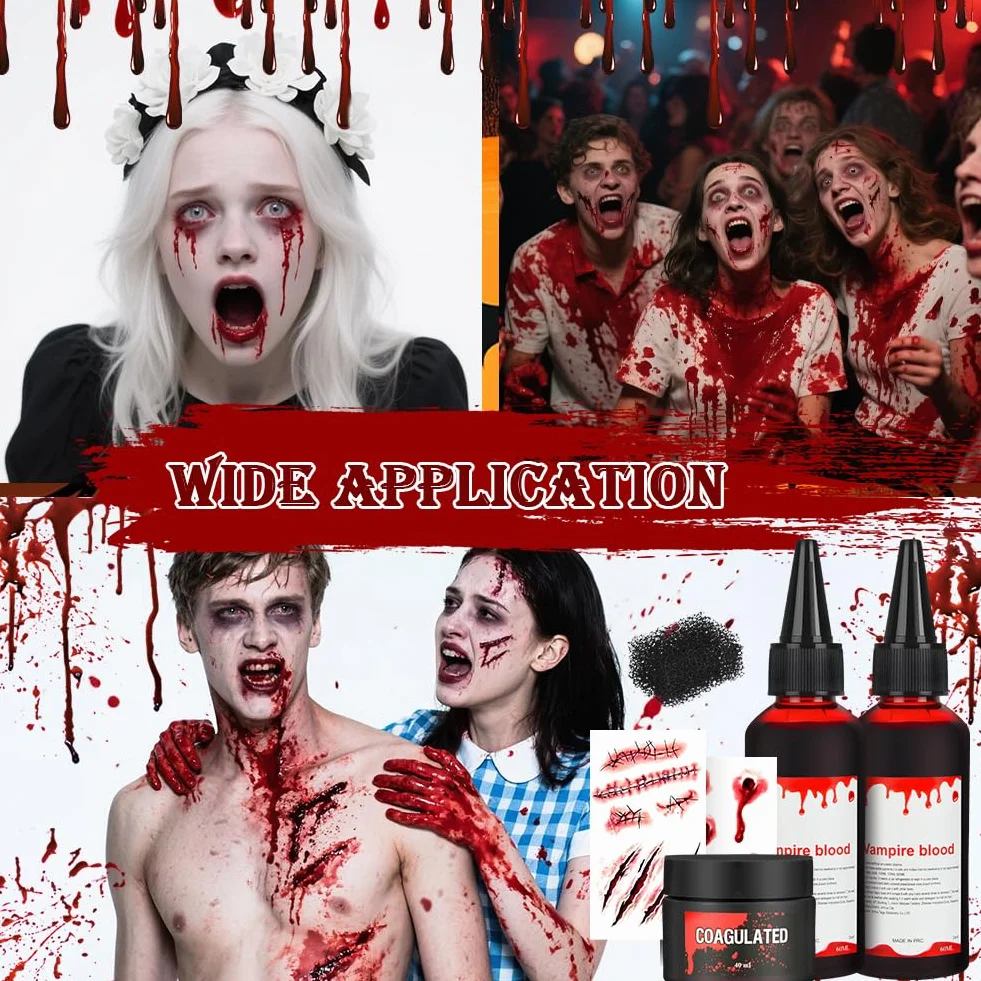 Sztuczna krew makijaż Halloween zestaw 6 sztuk 2×60ml Kapiąca 50ml Zakrzepła plazma krwi Gąbka stipple 2×Zszyte blizny tatuaże Fake Blood realistyczna SFX