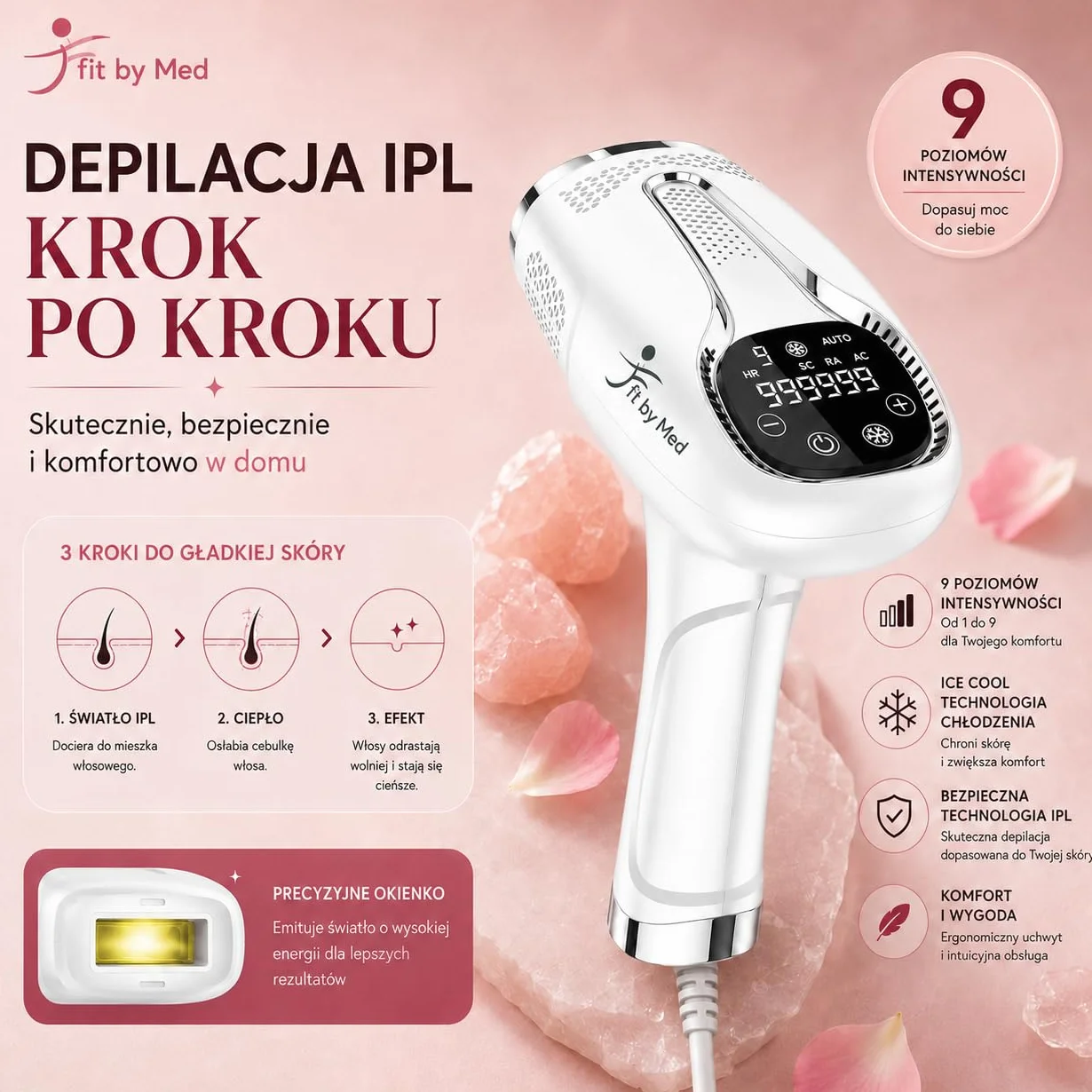 Depilator IPL Ice Cool z Chłodzeniem – 1 000 000 Impulsów, 9 Poziomów Mocy, Tryb AUTO, Czujnik Skóry – Biały FitbyMed