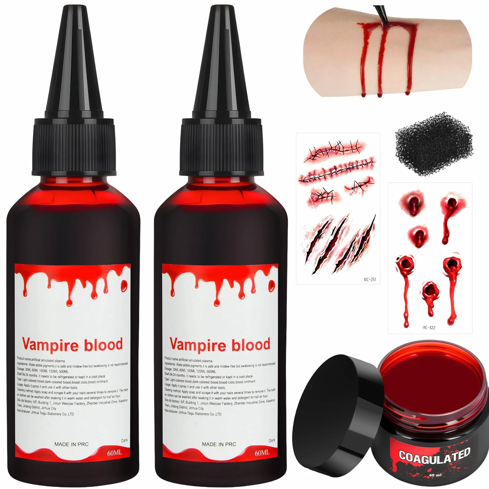 Sztuczna krew makijaż Halloween zestaw 6 sztuk 2×60ml Kapiąca 50ml Zakrzepła plazma krwi Gąbka stipple 2×Zszyte blizny tatuaże Fake Blood realistyczna SFX