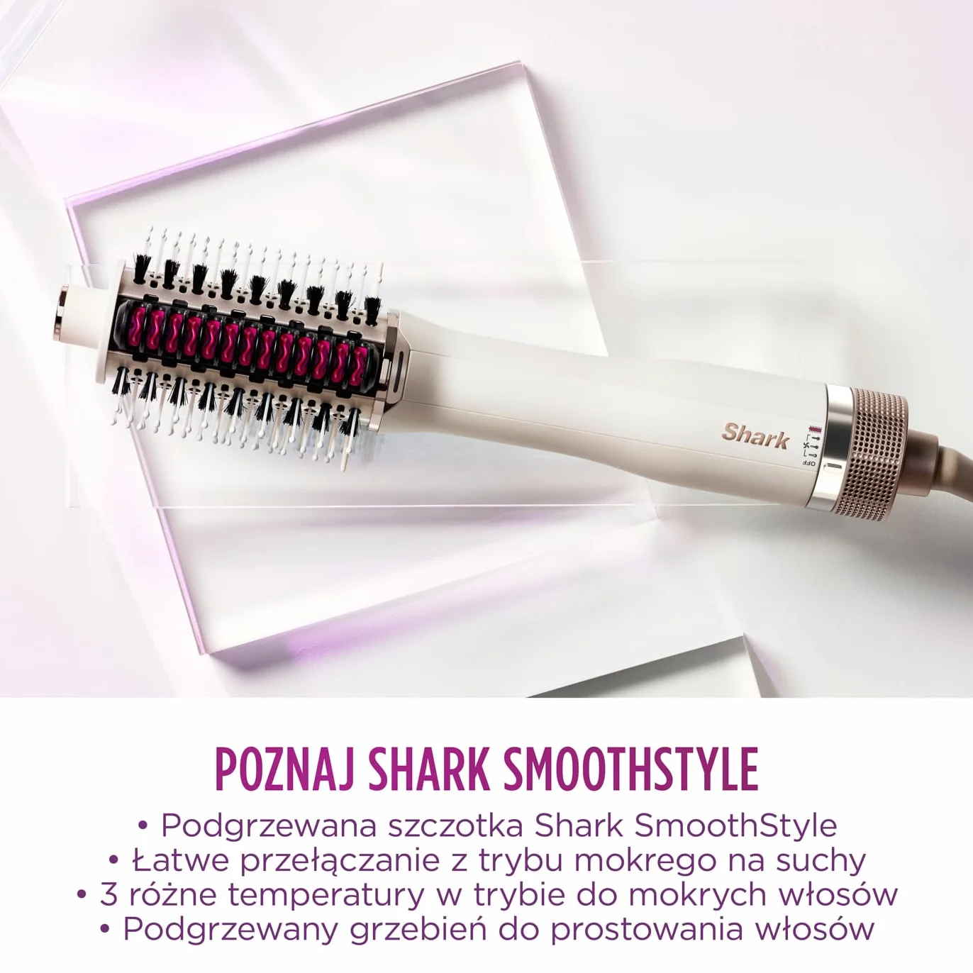 Shark SmoothStyle Podgrzewana szczotka i grzebień, tryb mokry i suchy, wygładzająca szczotka z 3 temperaturami, miękkie i pełne objętości wykończenie dla każdego rodzaju włosów, jedwab HT202EU