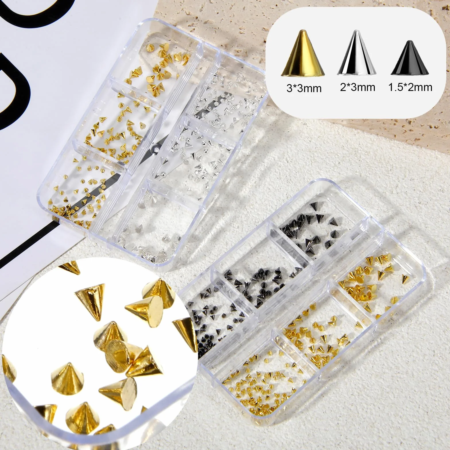 Tucnoeu 2 pudełka nity zawieszki do paznokci - Nail Charms złote srebrne czarne punkowe ozdoby do paznokci błyszczące kamienie akcesoria