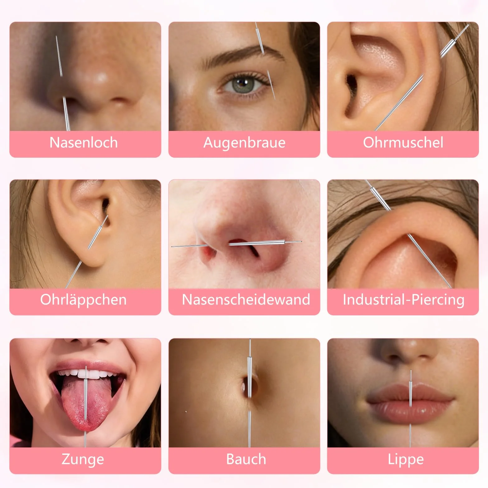 Zestaw chwytaków do piercingu, 16 g, 18 g, zestaw do piercingu, do nosa, ucha, brzucha, warg,