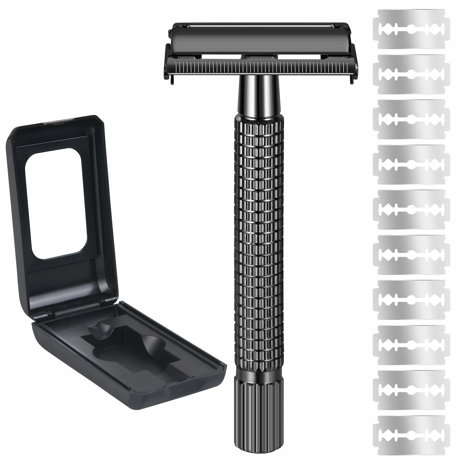 URAQT Maszynka do golenia męska, 2-stronna głowica, Safety Razor, golarka na mokro ze stali nierdzewnej, wysokiej jakości maszynka do golenia w stylu vintage, z 10 ostrzami do golenia, etui podróżnym