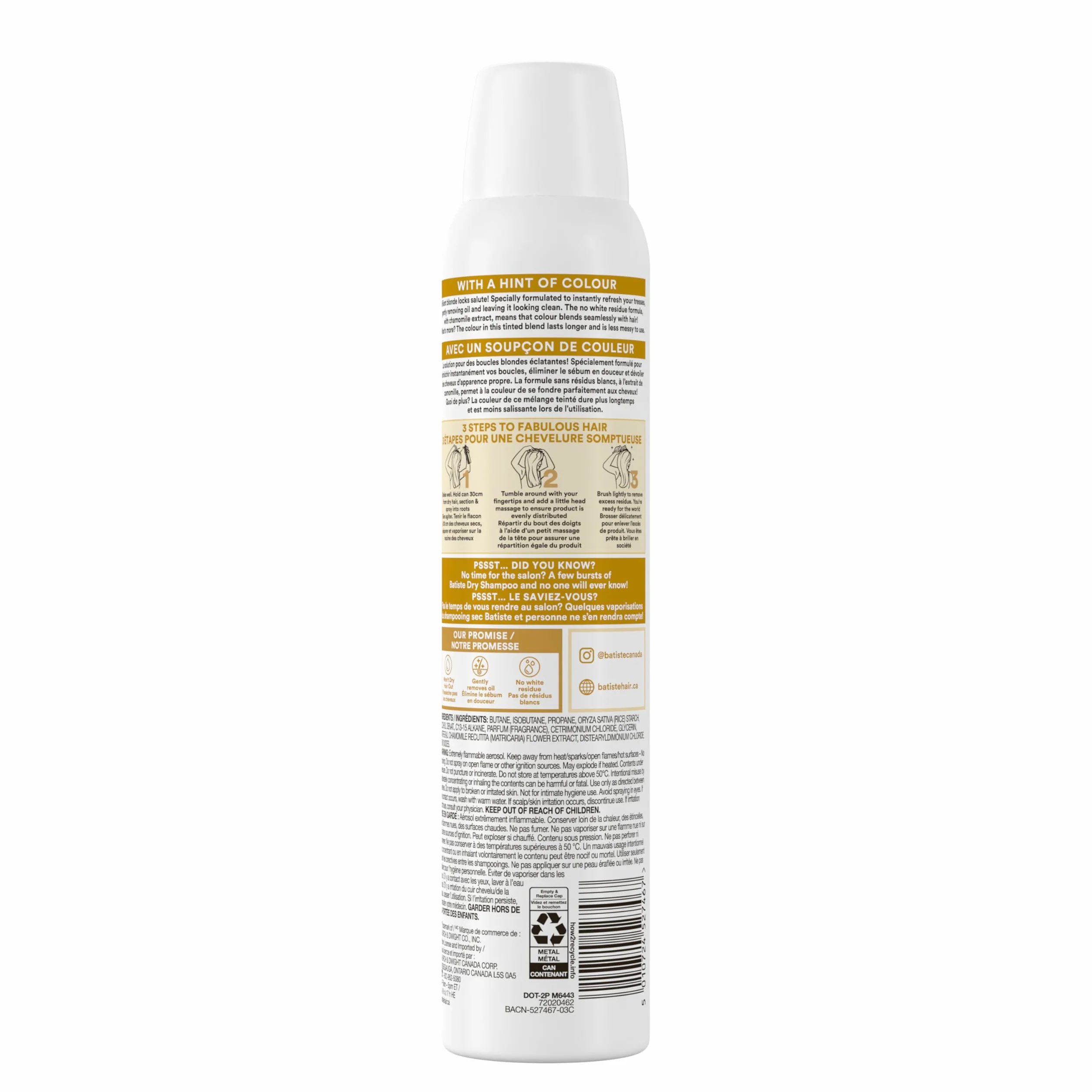 Batiste Suchy szampon Blond 200 ml Suchy szampon do odświeżania i stylizacji włosów w sprayu do jasnych włosów, bez pozostałości bez spłukiwania, fryzura z efektem kolorystycznym