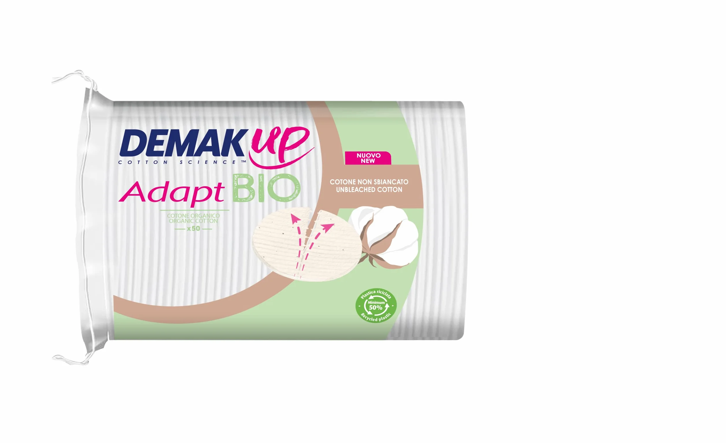 Demak'Up Adapt Organiczne Waty do demakijażu - Twarz i Oczy - 100% Naturalne Organiczne i niewybielone Włókna bawełniane - Certyfikat GOTS - 50 bawełny