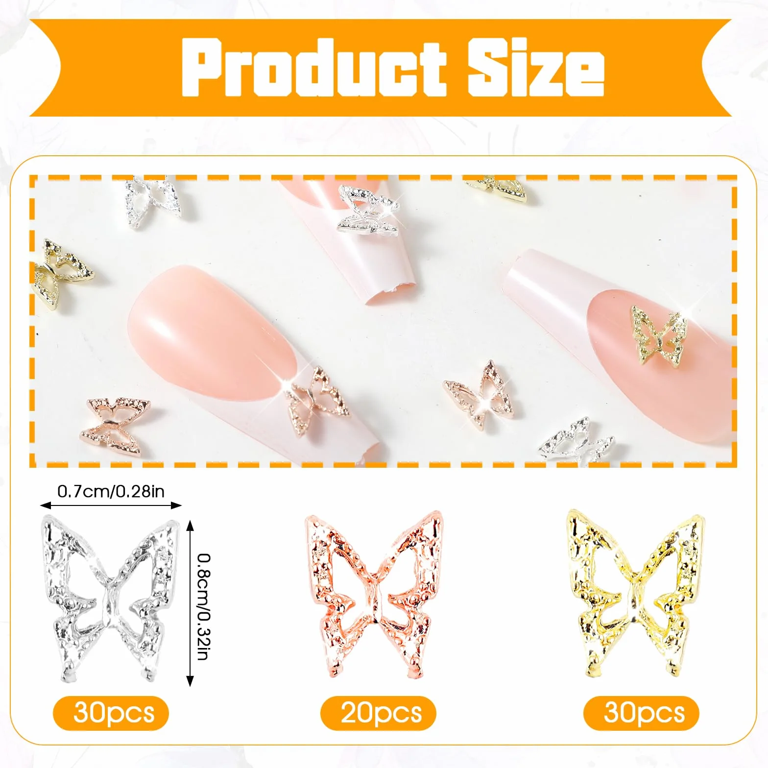 Amaxiu 80 pcs 3D motylkowych zawieszek do paznokci, stop w kształcie motyla Złoty srebrny błyszczyk do paznokci Ozdoby do zdobienia paznokci Akcesoria biżuteryjne do paznokci dla kobiet DIY Manicure