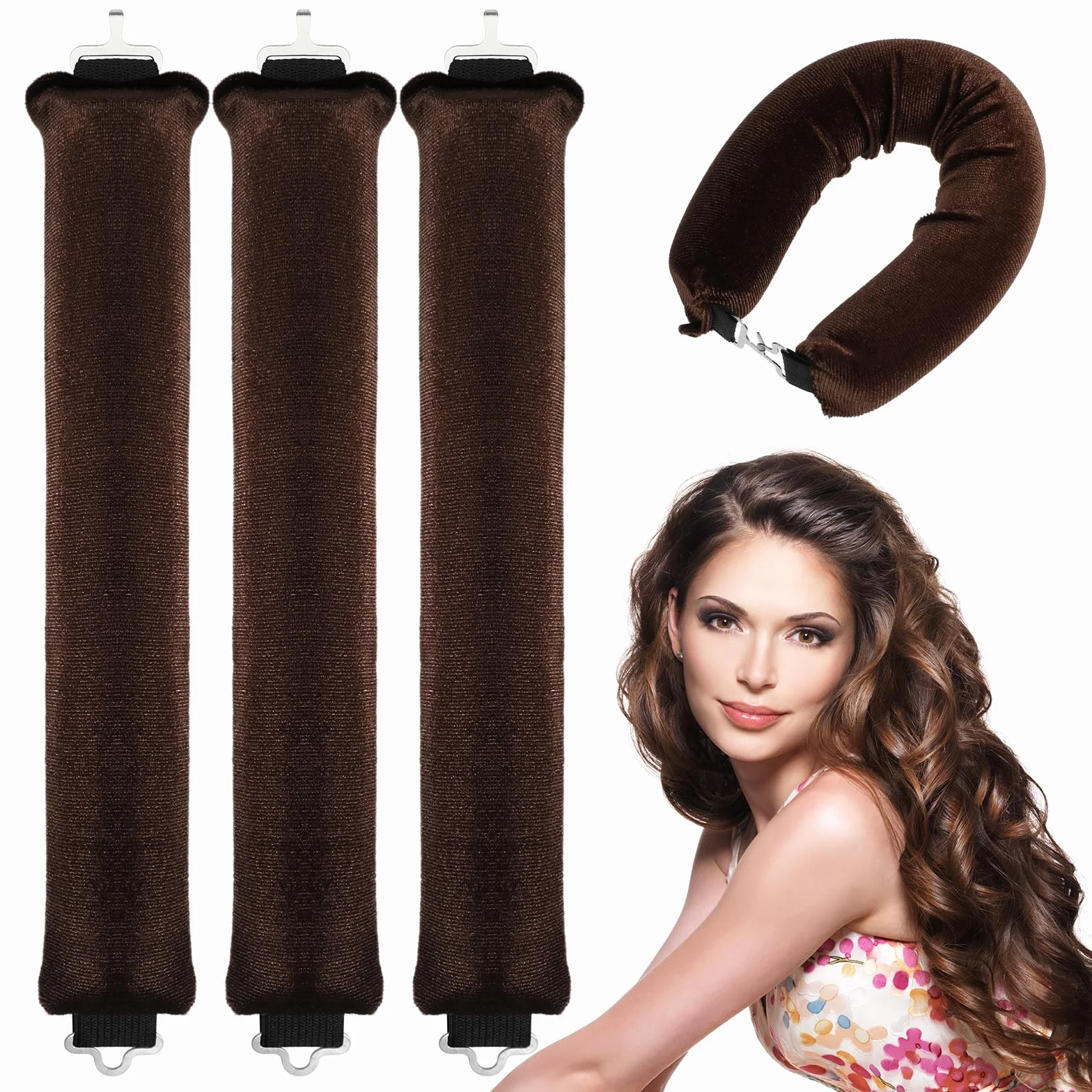 Yuanchu Taśma Heatless Curls do włosów bez ciepła, brązowa, do wszystkich rodzajów włosów, lokówka z haczykami