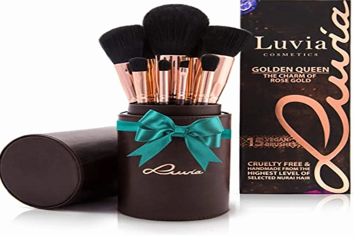 Zestaw pędzli do makijażu Luvia, Golden Queen, 15 pędzli do makijażu incl. Zestaw Pędzli do Makijażu & Podróżna Torba na Pędzle Kosmetyczne - Profesjonalny Zestaw Pędzli W Brązowym/Rose Gold