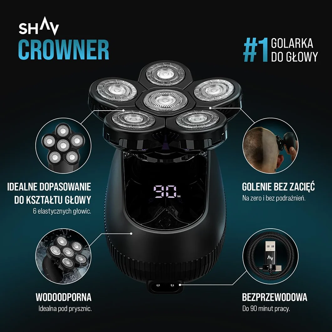 Golarka elektryczna do głowy Shav Crowner, maszynka do golenia głowy​, golarka elektryczna męska​, rotacyjna, obrotowa, wodoodporna IPX6, Golenie na sucho i mokro, CutFree, 6 głowic, bezprzewodowa