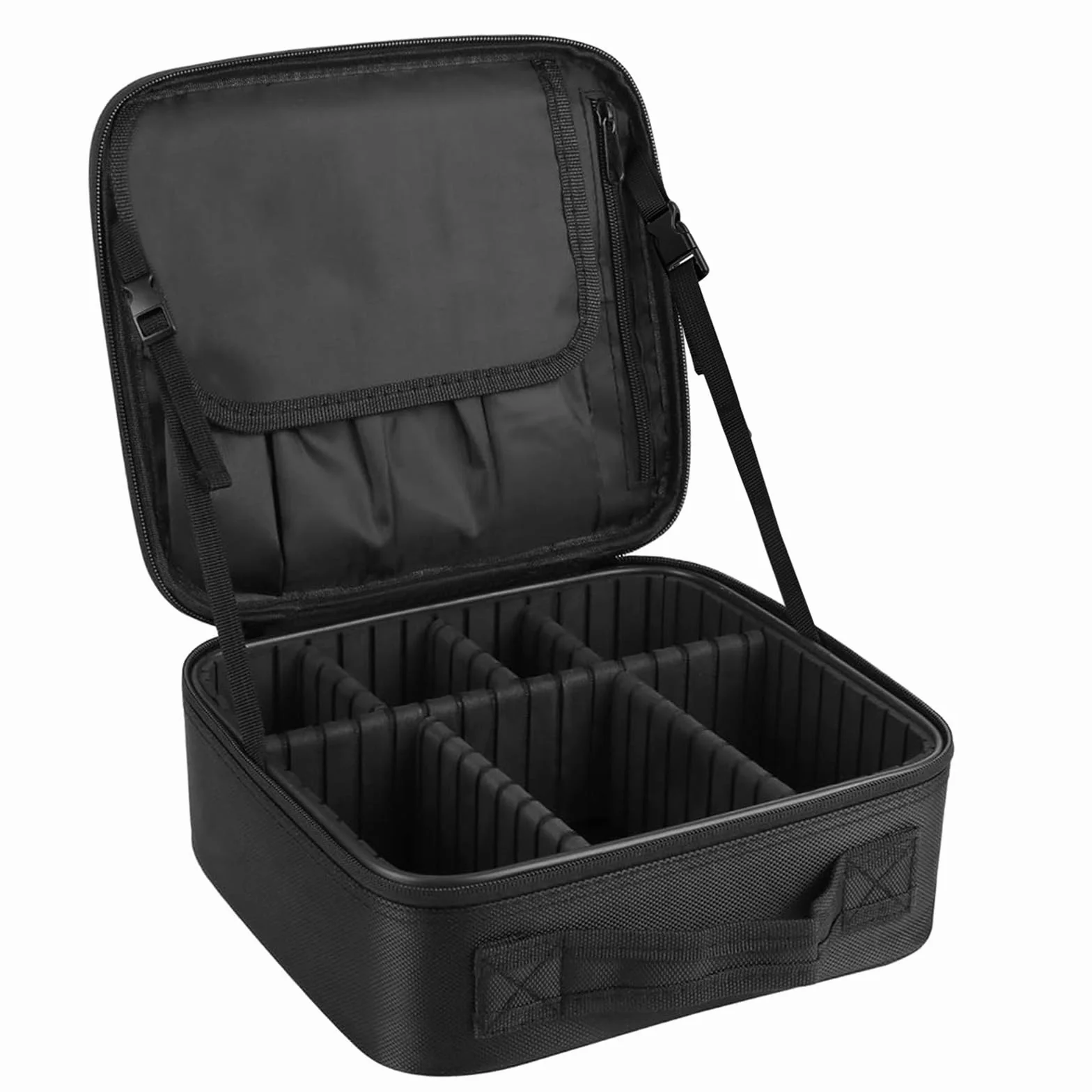 Podróżna kosmetyczka profesjonalna kosmetyczka, etui na przybory fryzjerskie, organizer z regulowaną przegródką, tkanina Oxford, czarna, Czarny, 26x23x9cm