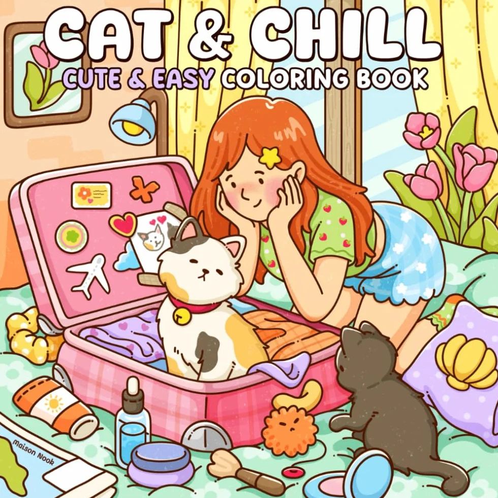 Cat & Chill: Cute & Easy Coloring Book for Adults and Teens Featuring Cozy Scenes and Relaxing Moments with Cats for Stress Relief