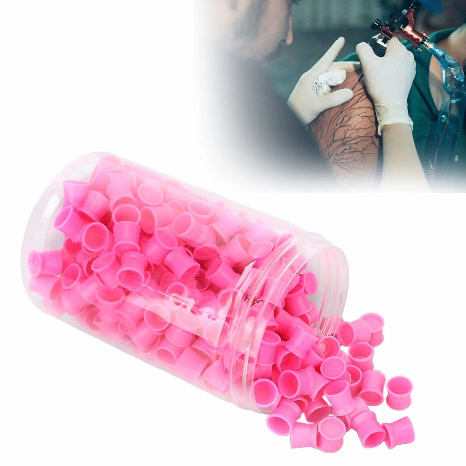 Tattoo Ink Caps Cups - Mixed 300PCS Jednorazowe Nasadki z Atramentem Pigmentowym w 12MM Tattoo Cups Caps Silikonowe Nasadki z Atramentem Pigmentowym do Materiałów Eksploatacyjnych (różowe)