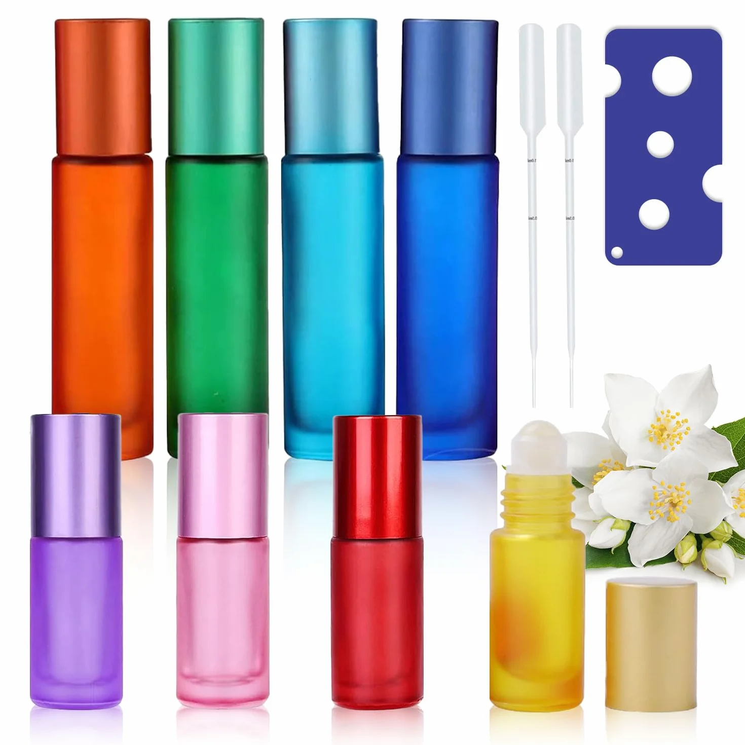 Roll on szklane butelki na olejki eteryczne, dezodorant w kulkach do napełniania, 10 ml, 5 ml, szklane butelki, wielokolorowe, do masażu perfum, olejku eterycznego, 8 sztuk