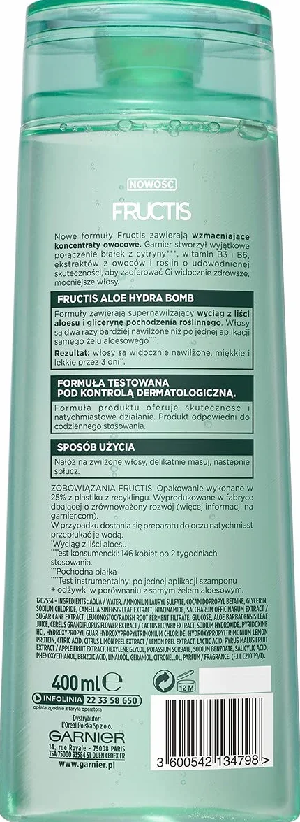 Garnier Fructis Aloe Hydra Bomb szampon do włosów odwodnionych, nawilża, poprawia kondycję i wzmacnia strukturę, 400 ml