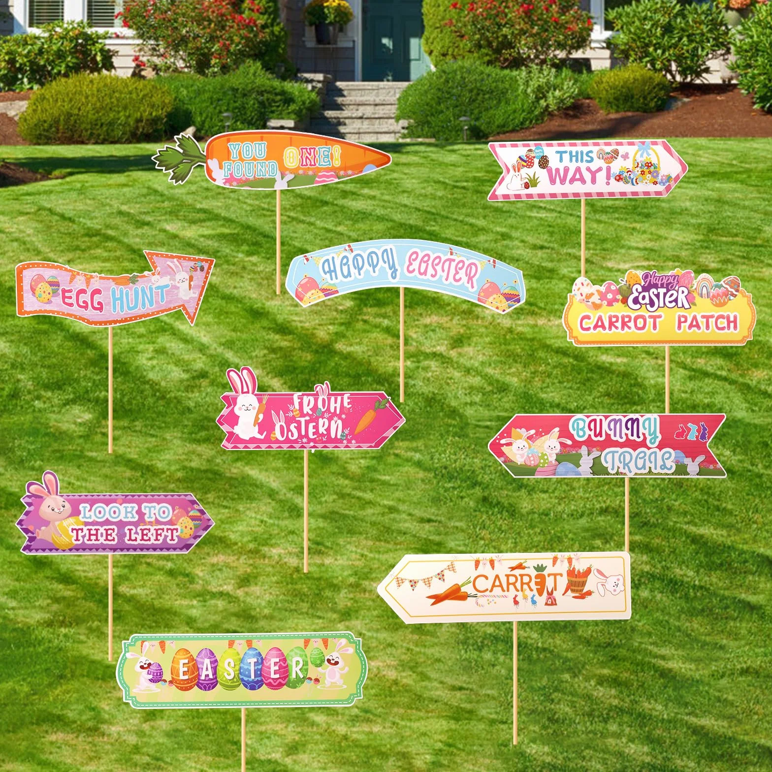 10szt Znaki Ogrodowe Happy Easter Egg Hunt Arrow, Różne Zabawne Wzory, Znaki Kierunkowe do Gier Egg Hunt dla Dzieci Rodziny Przyjaciół Wielkanoc Trawnik Dom Polowanie na Prezenty