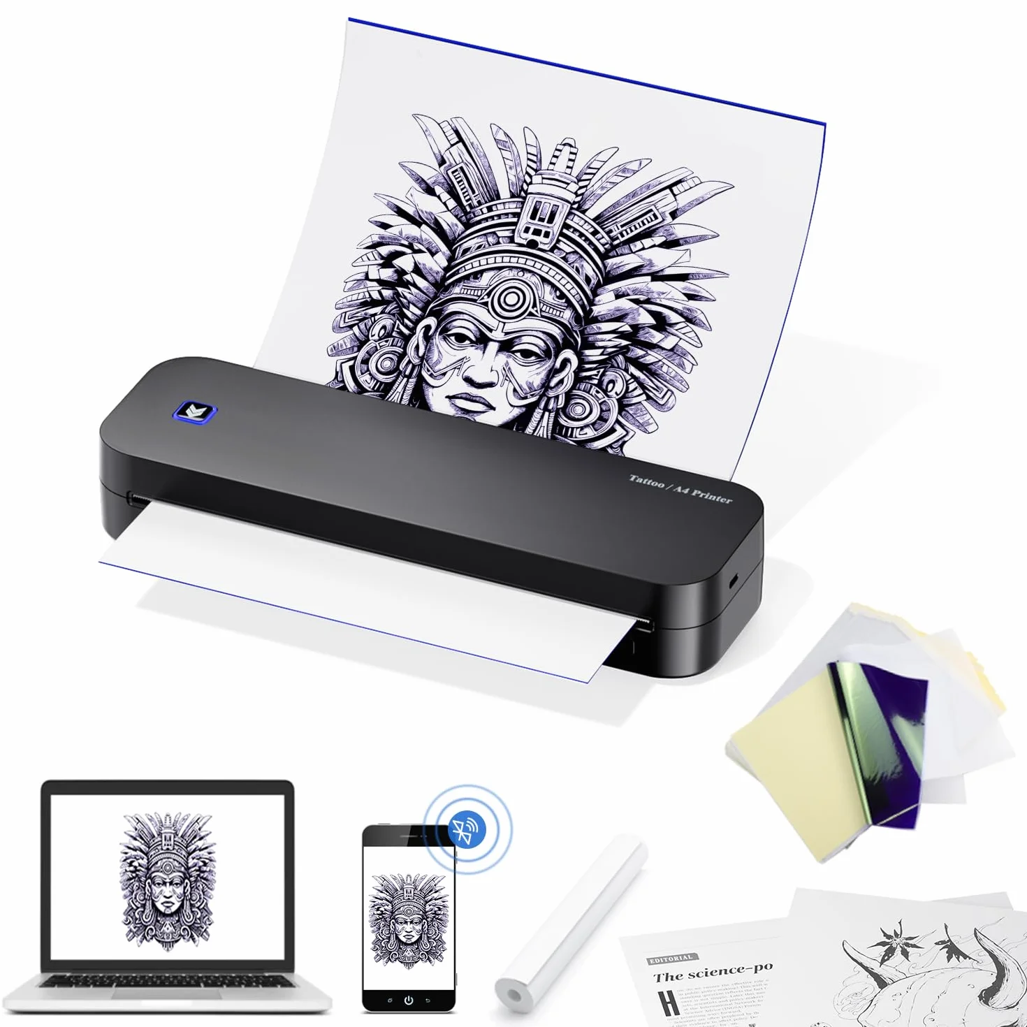 BIOMASER Drukarka do tatuażu Bluetooth, 20 arkuszy A4, profesjonalna maszyna kompatybilna z iPadem, telefonem i komputerem dla początkujących artystów