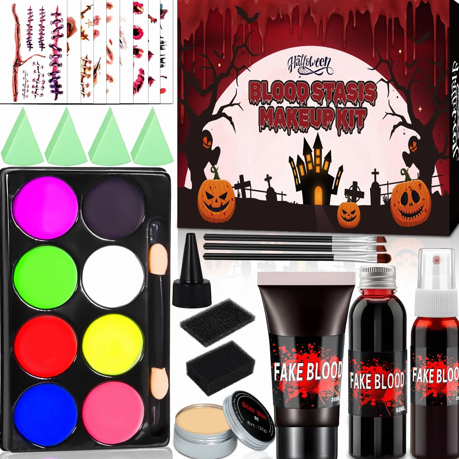 Zestaw do makijażu Halloween 3 sztucznej krwi 30 naklejek tatuaż paleta 8 kolorów