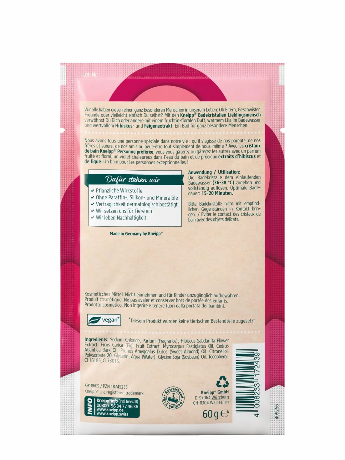 Kneipp Kryształy kąpielowe Lieblingsmensch, saszetka z naturalną głęboką solą i wysokiej jakości ekstraktem z hibiskusa i fig, owocowo-kwiatowy zapach, 60 g