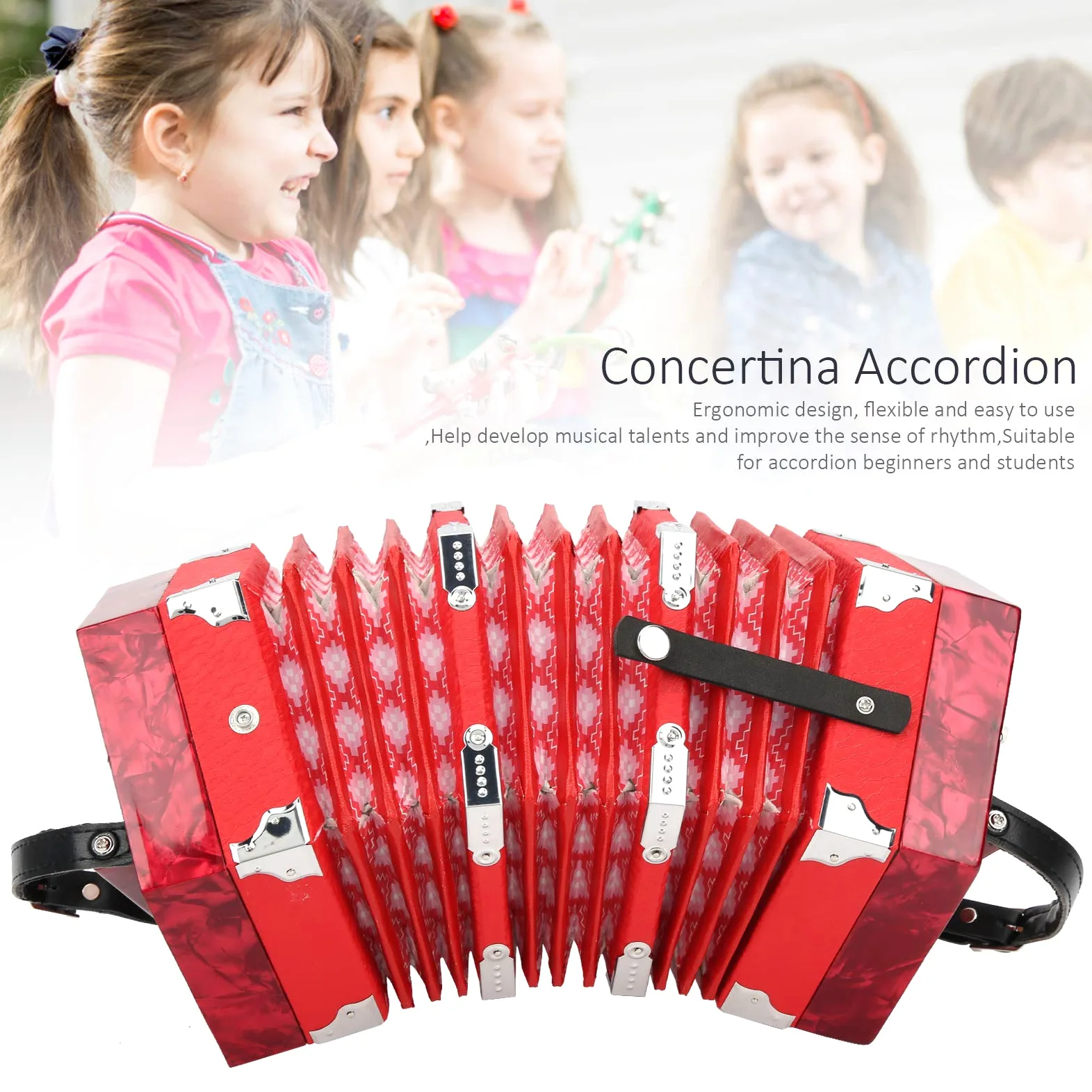 Akordeon Concertina, Profesjonalna Concertina, na sprzedaż Akordeon z torbą do Przechowywania, Bogate Zmiany Barwy Wygodny, Czuły Przycisk z Paskiem na ramię (Czerwony)