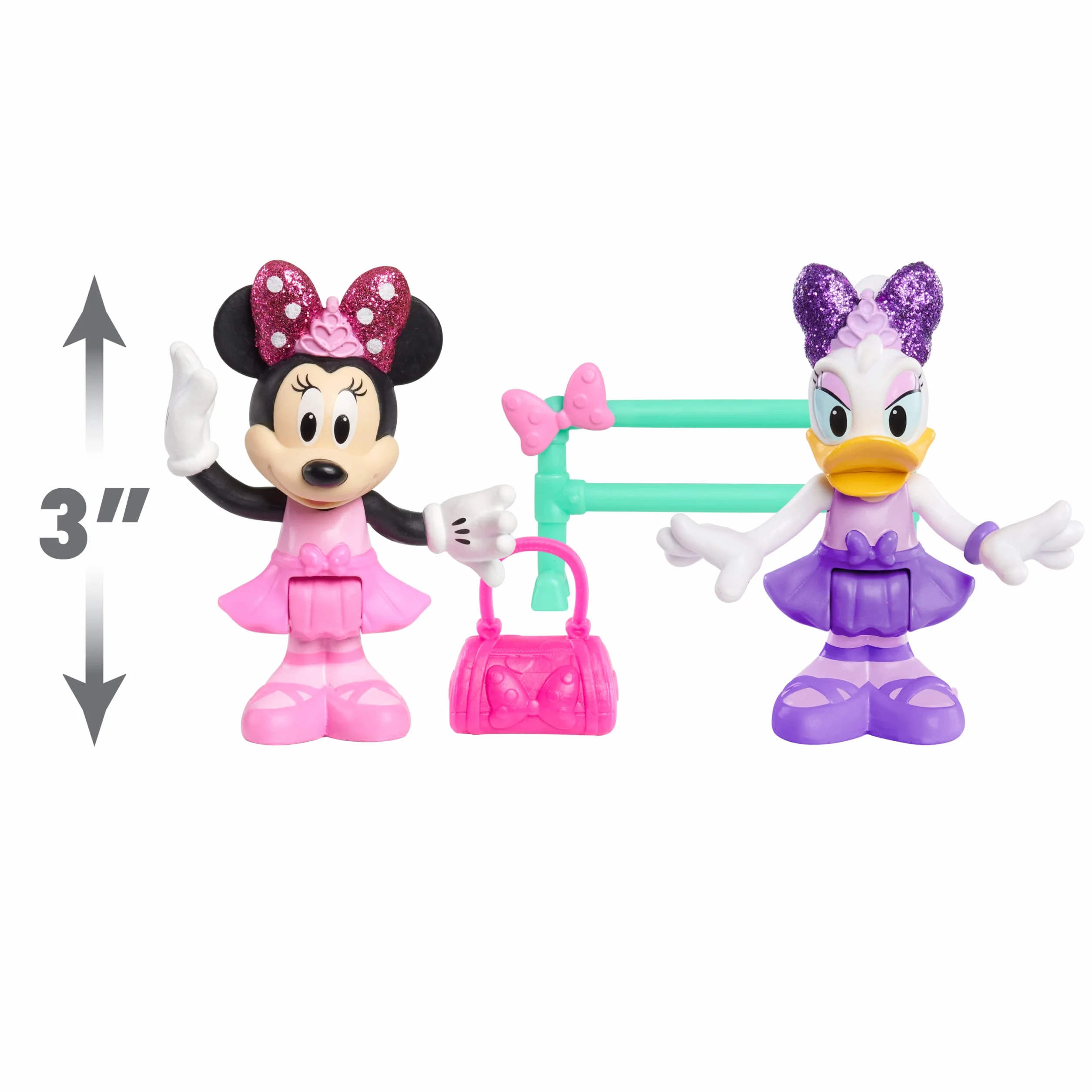 Just Play 89961 Disney Junior ruchome figurki kolekcjonerskie, zestaw do zabawy z torbą i drążkiem, 2-pak, zestaw baleriny Minnie Mouse i Daisy Duck, 5 cm, od 3 lat, wielokolorowy