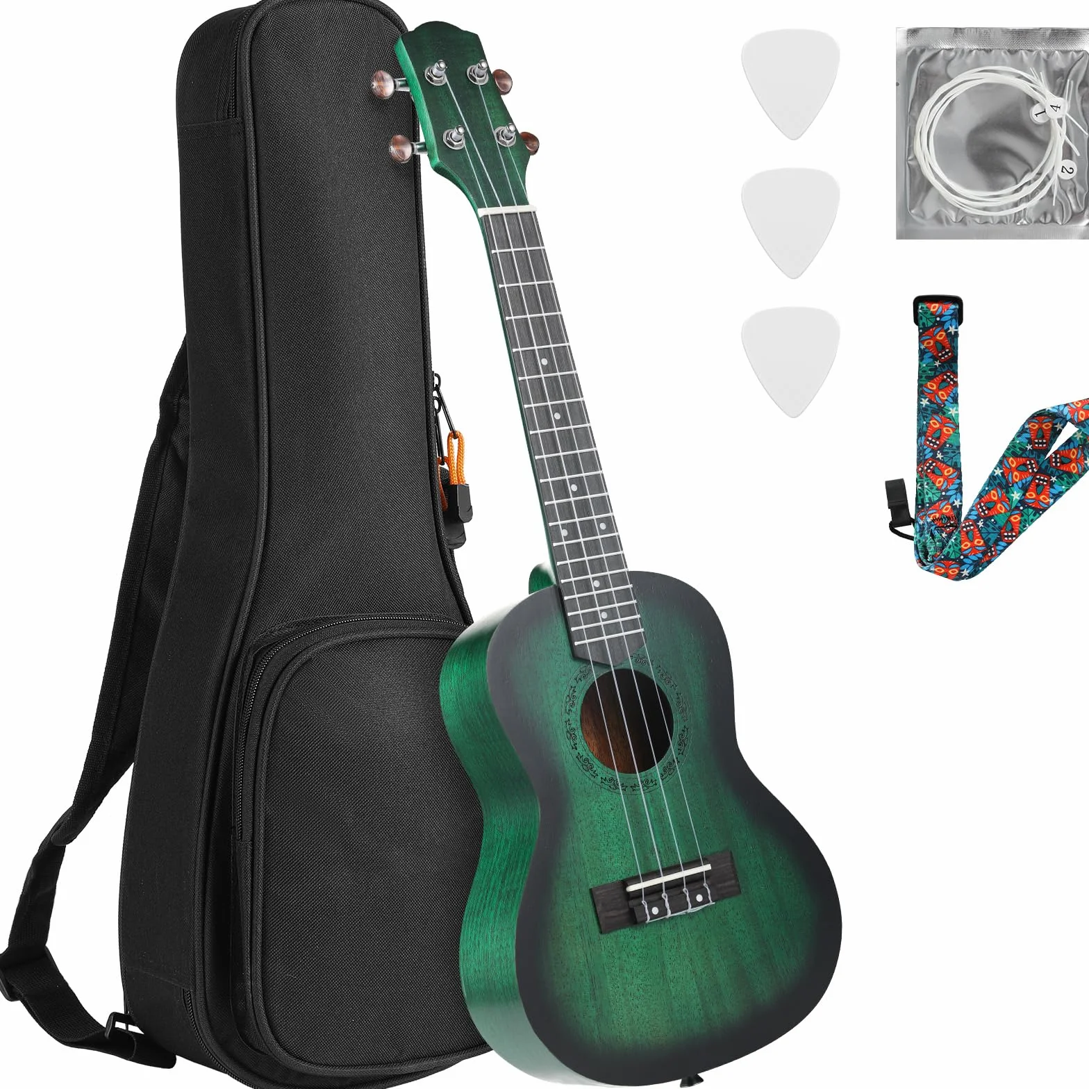 Ukulele Sopranowe dla Dzieci i Dorosłych - 21 Cali, Mahoniowe, Hawajskie - Ze Strunami, Paskiem, Kostkami, Gigbag - Mały Instrument Muzyczny
