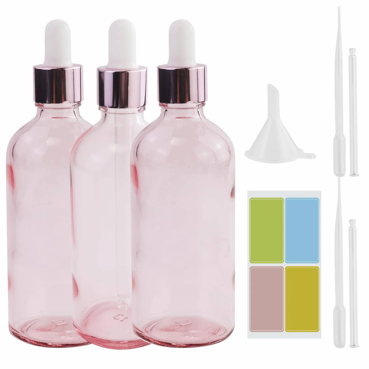Szklane butelki na olejki eteryczne 100 ml z pipetą, przezroczyste różowe, zestaw 3 sztuk