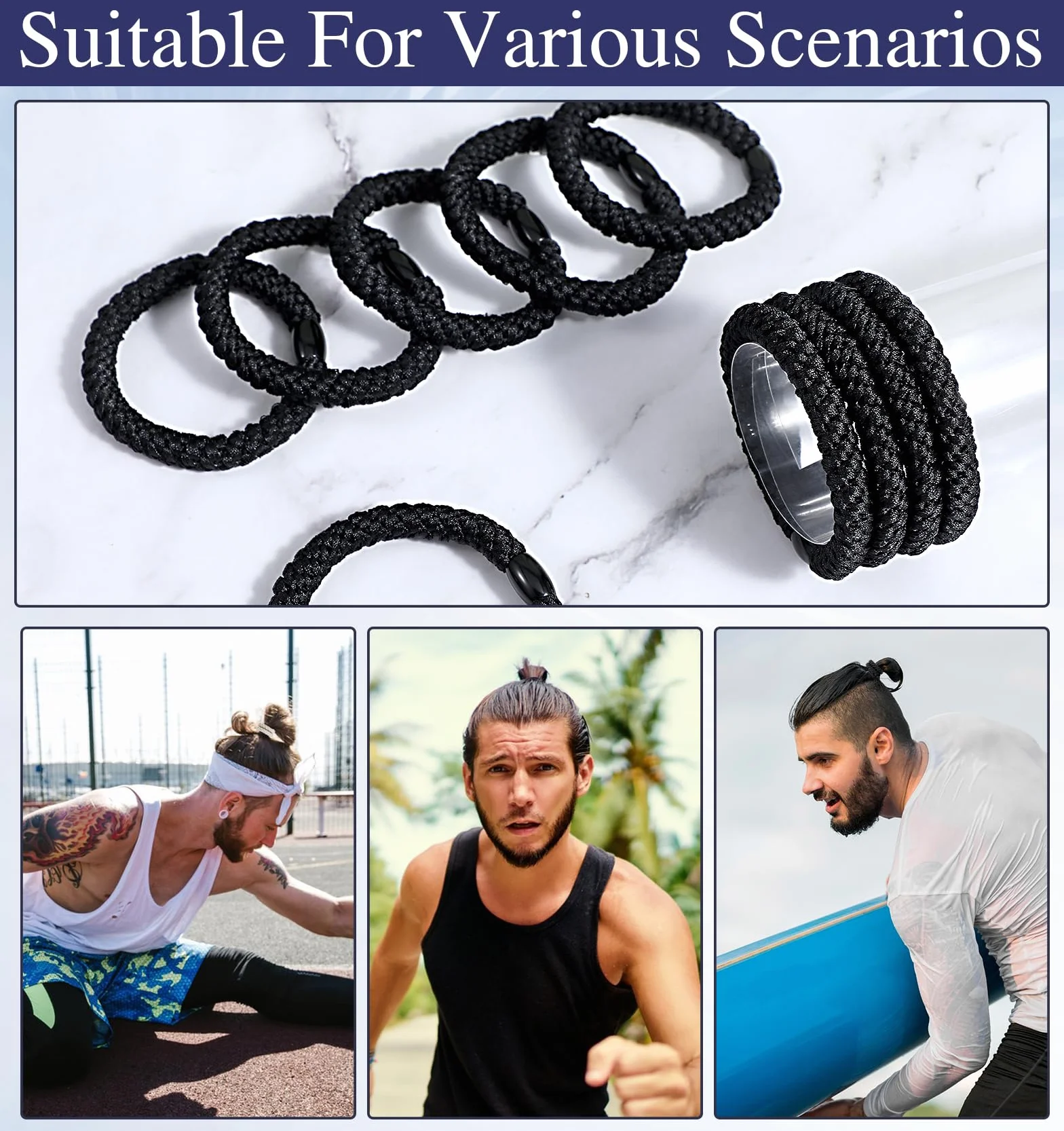 Gumki do włosów dla mężczyzn, czarne, nylon, 4-kierunkowy stretch, antypoślizgowe