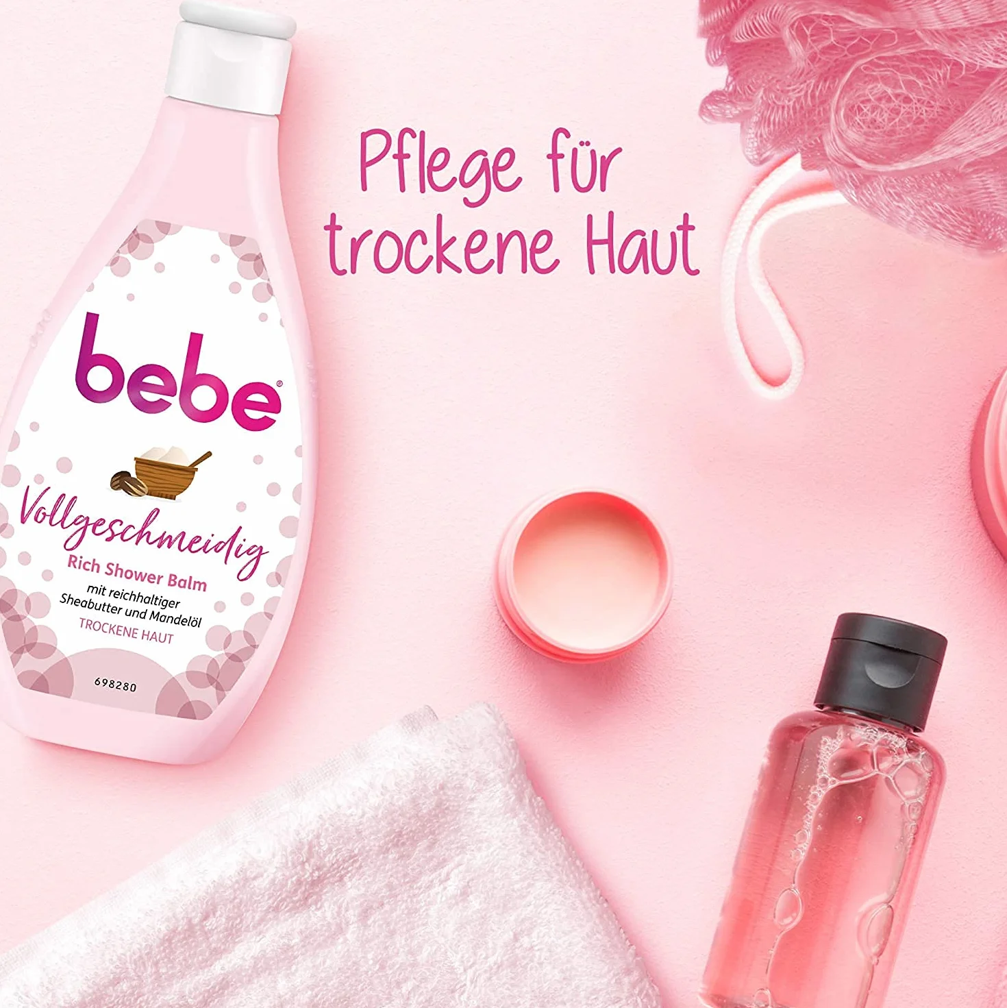 Bebe Full Living Rich Shower Balm, kremowy i nawilżający żel pod prysznic z masłem shea i olejkiem migdałowym do suchej skóry (1 x 250 ml)