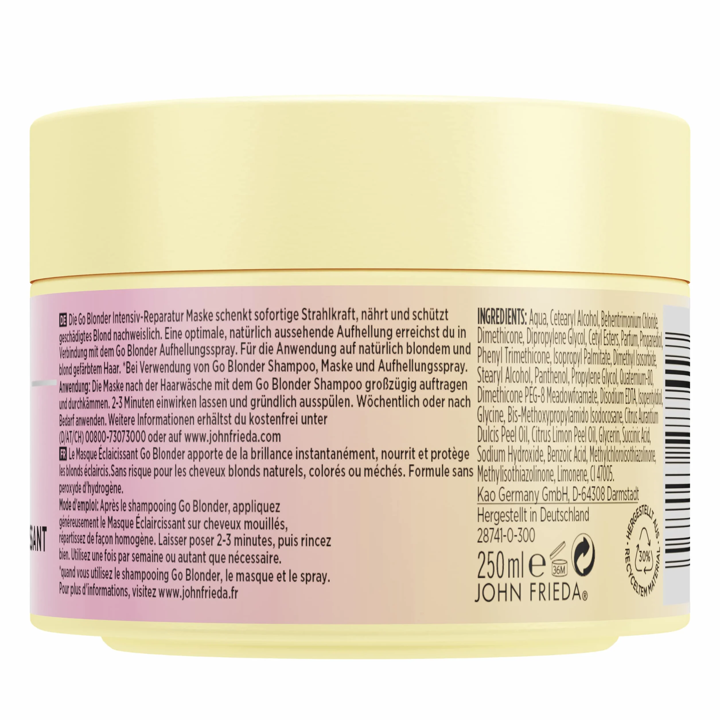 John Frieda Go Blonder maska – zawartość: 250 ml – intensywna regeneracja włosów – typ włosów: blond, blond – chroni przed uszkodzeniami włosów