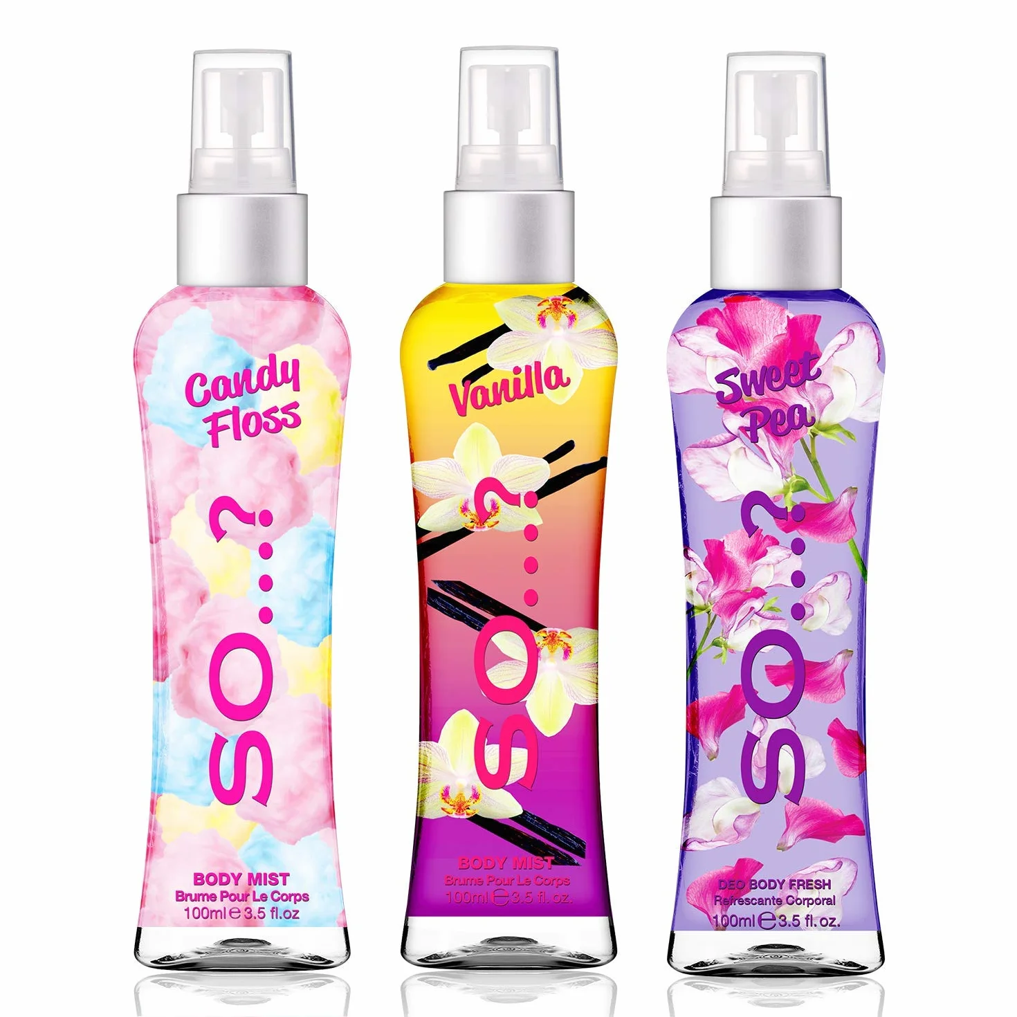 So... ? Spray do ciała dla kobiet z nutami zapachowymi Candy Floss, wanilia, Sweet Pea, 3 x 100 ml