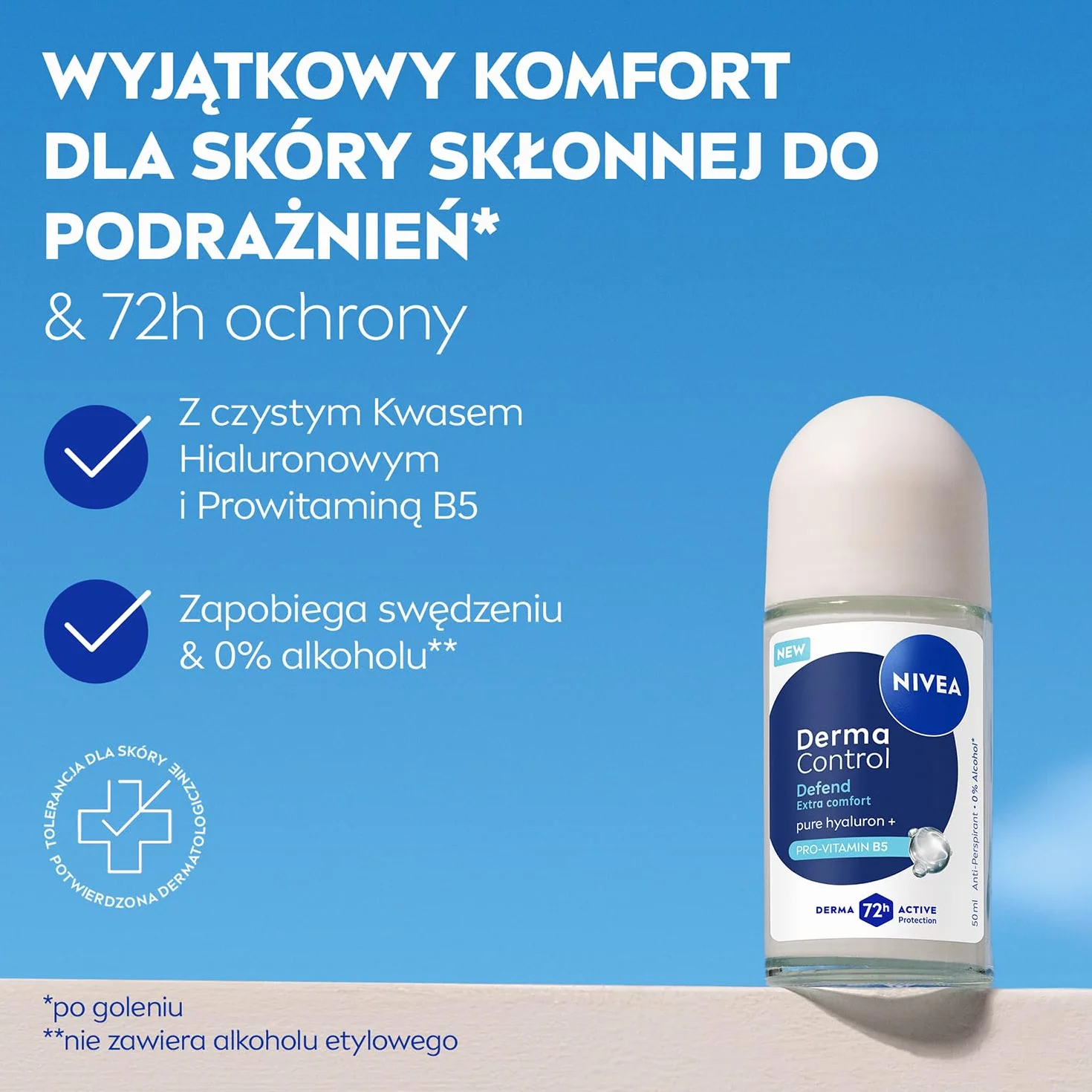 NIVEA Derma Control Defend Antyperspirant dla kobiet roll on - 72h ochrony z kwasem hialuronowym i prowitaminą B5, 50 ml