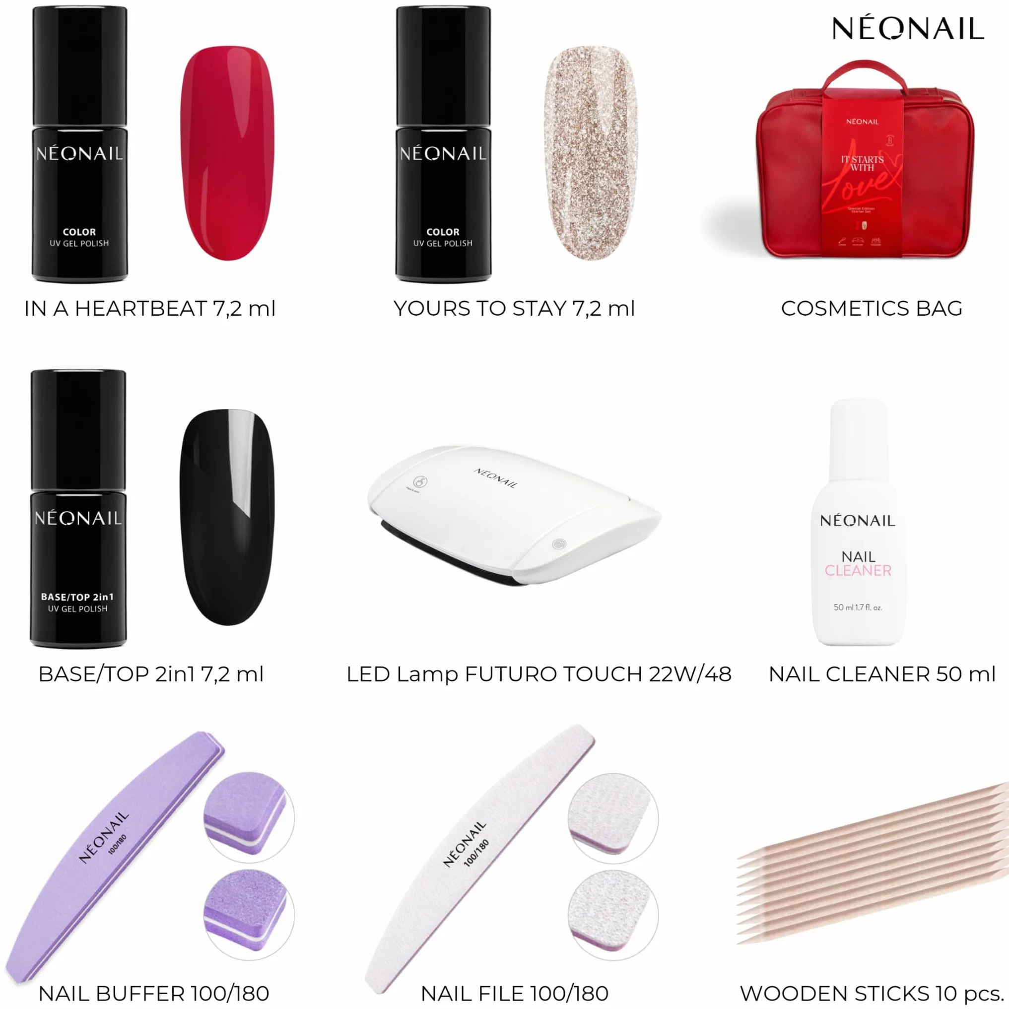 NEONAIL It Starts With Love Zestaw Startowy do Manicure z Lampą LED FUTURO TOUCH 22W/48 - Lakiery Hybrydowe Baza i Top 2in1 Nail Cleaner
