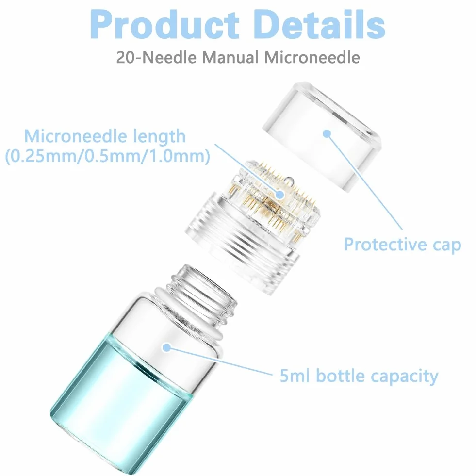 Microneedling Stamp 1,0 mm Tytan, Derma Roller Twarzy, 20 Pin z Butelką Serum