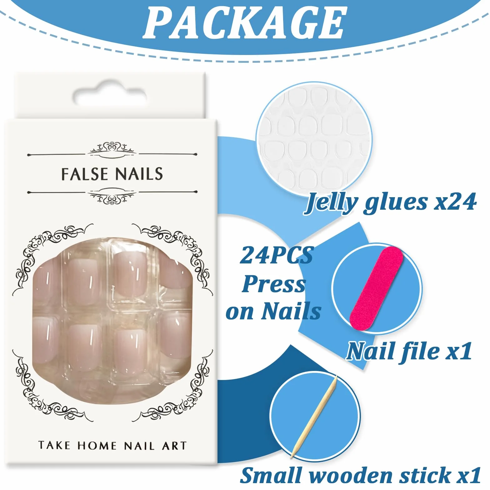 24 szt. Krótkie sztuczne paznokcie, kwadratowe samoprzylepne Nails Press on Nails, pełne pokrycie Sztuczne sztuczne paznokcie z klejem żelatynowym dla kobiet i dziewcząt (Gradient jasnoróżowy)
