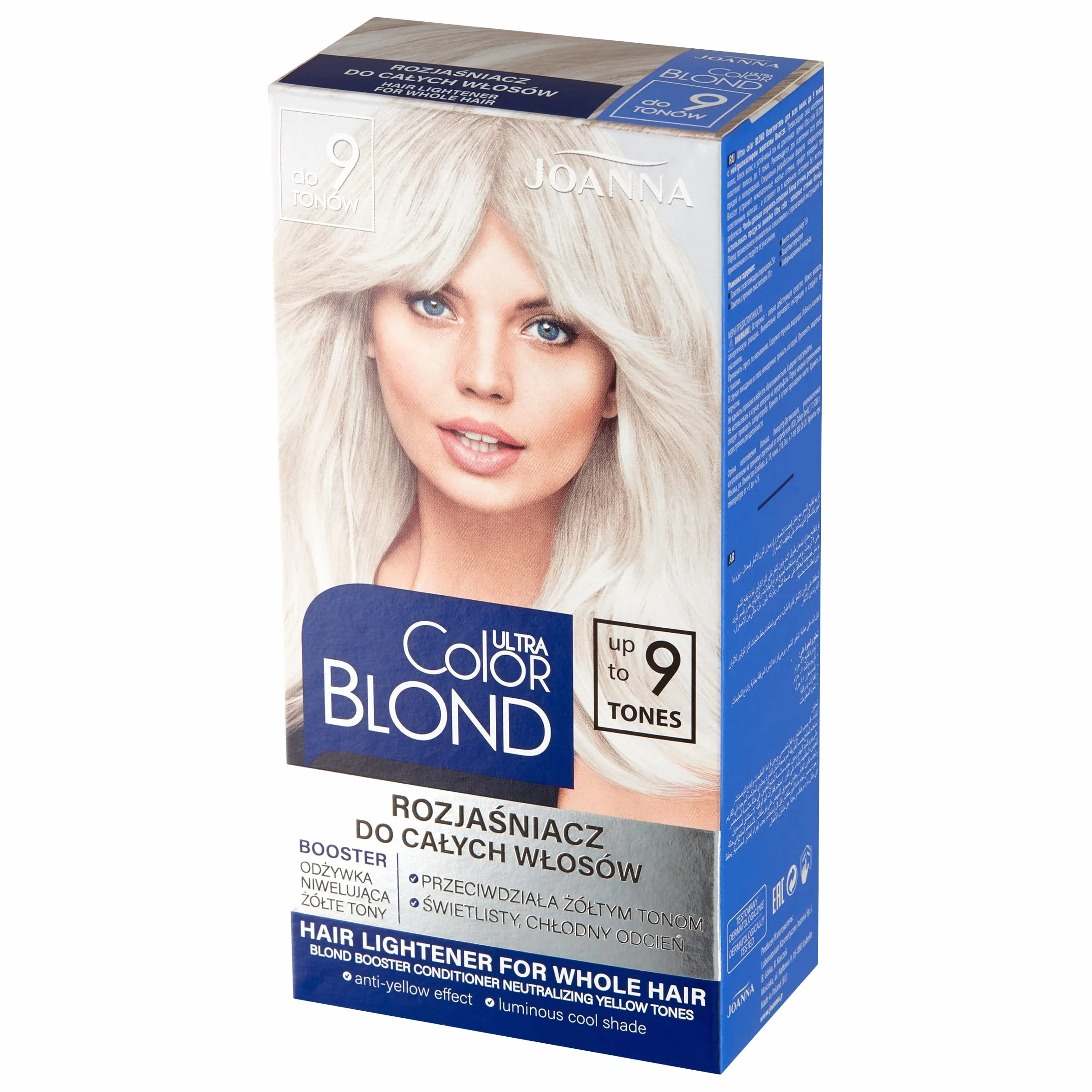 JOANNA Ultra Color Blond rozjaśniacz do włosów, rozjaśnianie włosów, do 9 odcieni, długotrwały połysk i czystość koloru blond, do pasemek i balejażu, chłodny odcień