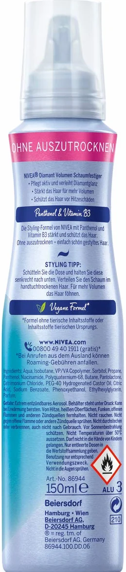 NIVEA Pianka do włosów z ochroną przed wysoką temperaturą, pantenol i witamina B3, utrwalająca objętość włosów dla widocznej większej objętości (poziom utrzymania 4), mus do stylizacji (150 ml)