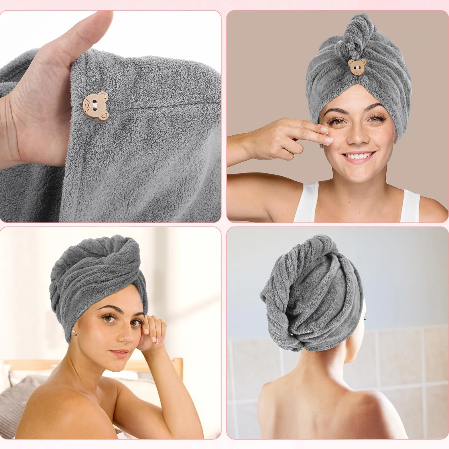 oruola Ręcznik do włosów, z mikrofibry, chłonny turban do włosów, szybkoschnący, turban z guzikiem, czepki do włosów do suszenia włosów, ręcznik z mikrofibry, do domu, podróży (kolor szary)