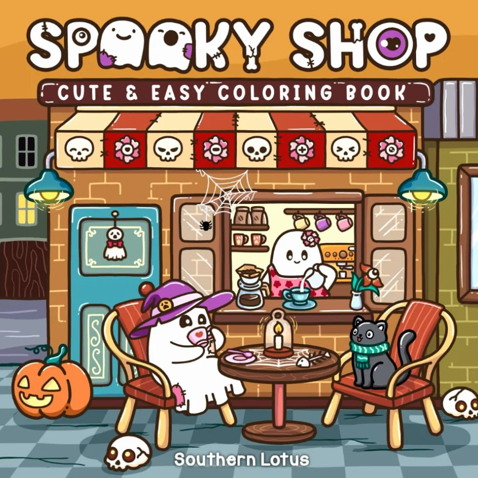 Spooky Shop: Coloring Book for Adults and Teens Featuring Simple Designs of Adorable Creepy Characters with Spooky Corners and Hygge Scenes, Easy and Cute Drawings for Relaxation