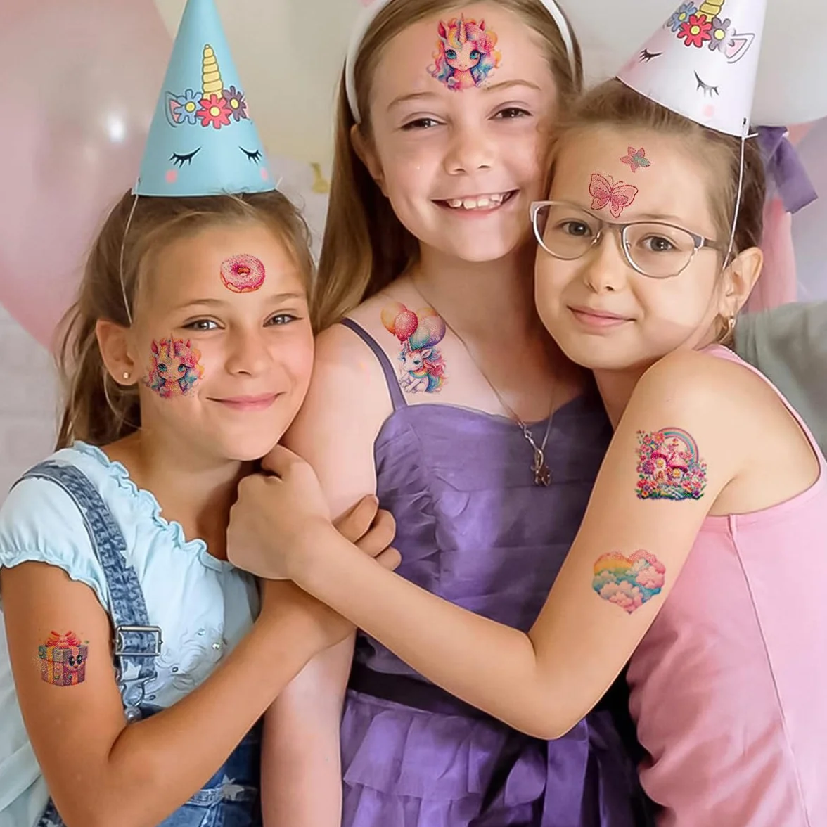 12 arkuszy brokatowych tatuaży dziecięcych z motywem jednorożca i tęczy, tatuaże dla dzieci, wodoodporne tatuaże dziecięce, tatuaże tymczasowe dla dziewcząt, upominek na urodziny dziecka