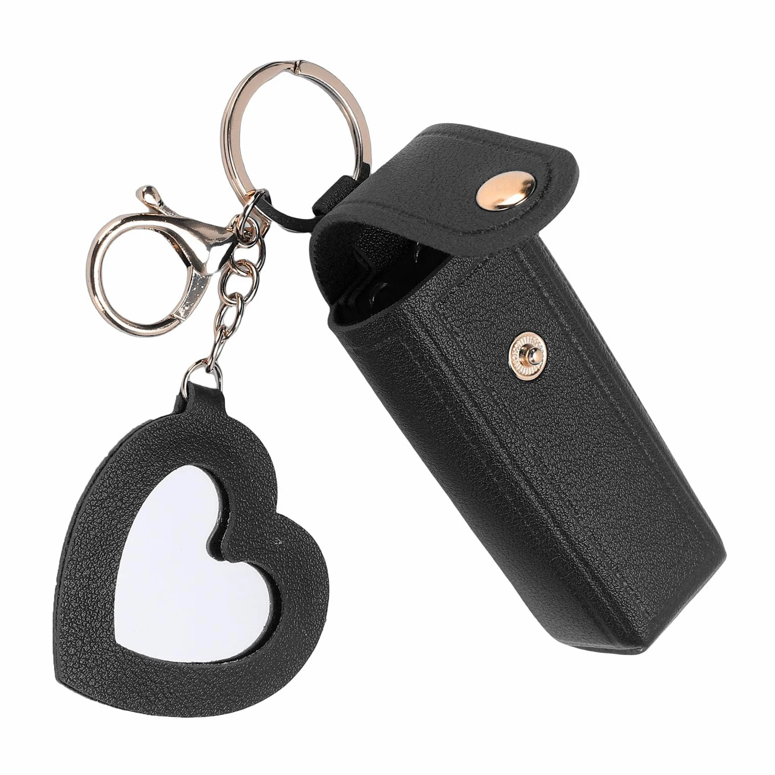 Etui na Szminki, Uchwyt na szminkę ze Skóry PU, Brelok do Kluczy, Damski Przenośny Rękaw Podróżny Organizer na Balsam do Ust z Lusterkiem w Kształcie Serca na Urodziny, rocznicę, (BLACK)