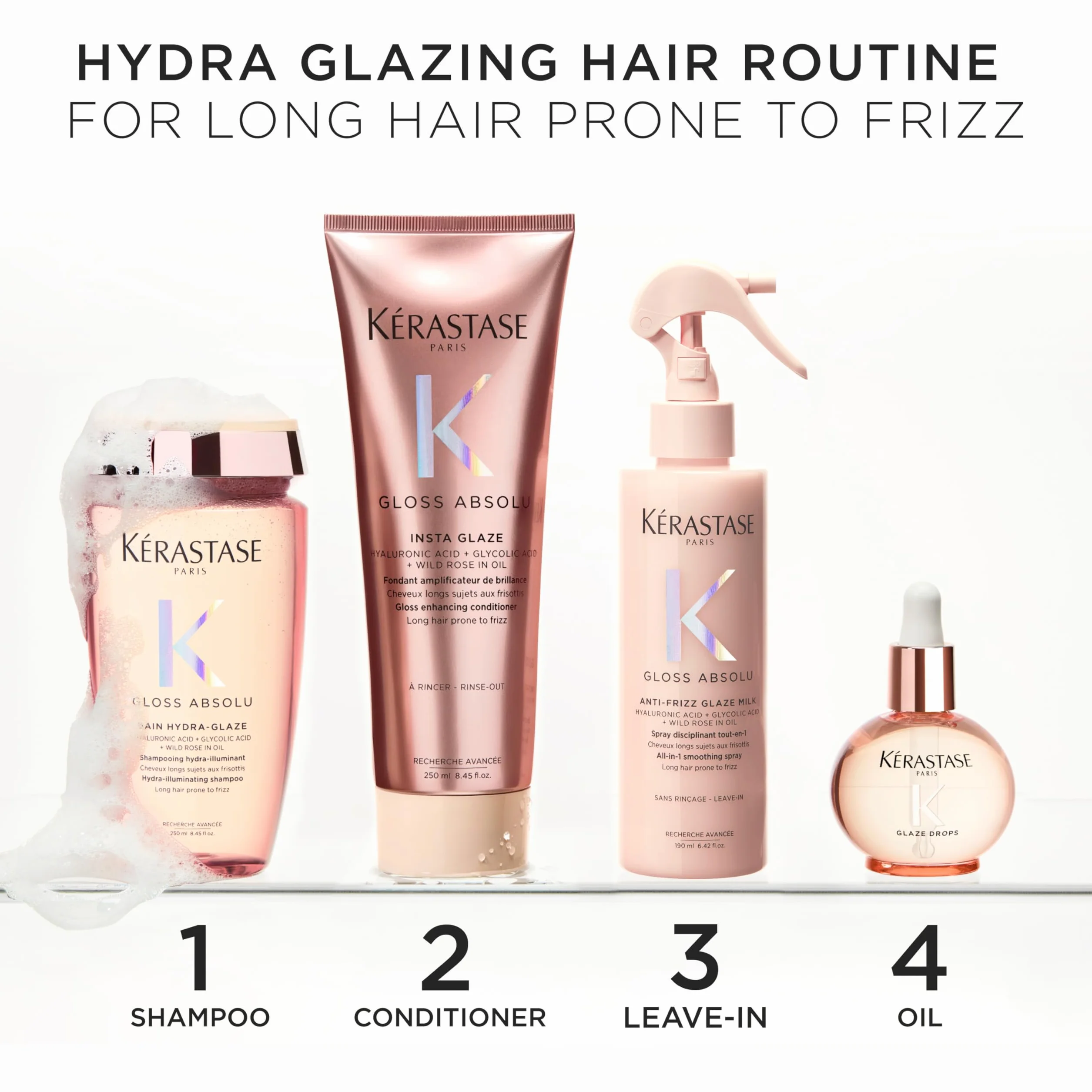 Kérastase Gloss Absolu Insta Glaze, odżywka wzmacniająca połysk do długich włosów, z kwasem glikolowym, kwasem hialuronowym i dziką różą w oleju, 250ml