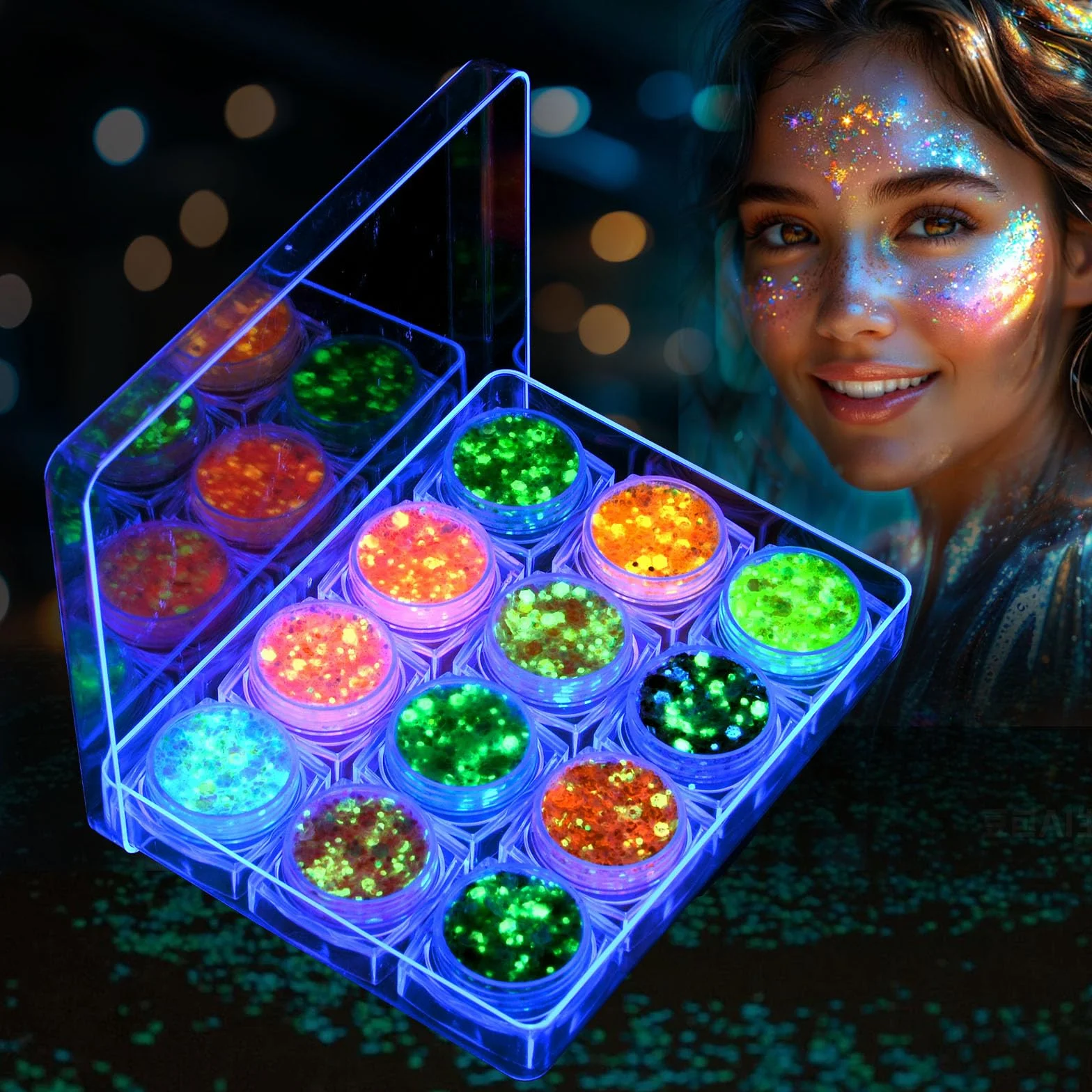 AOOWU Festiwal brokatowa twarz 12 kolorów fluorescencyjny brokat żel do ciała akcesoria festiwalowe Halloween karnawał