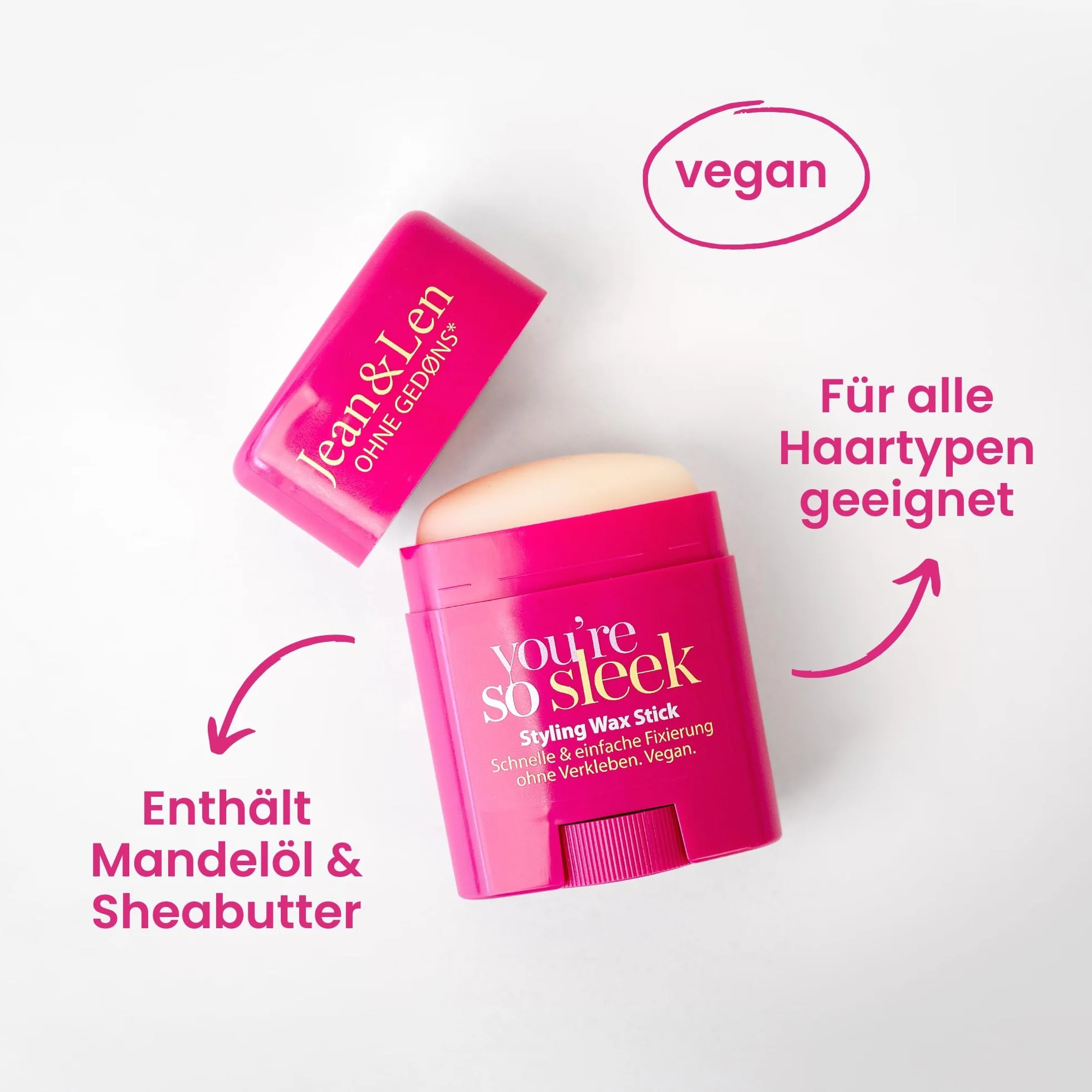 Jean & Len Wax Stick do stylizacji włosów, wygładza latające włosy, mocne trzymanie, wegański, bez silikonów i parabenów